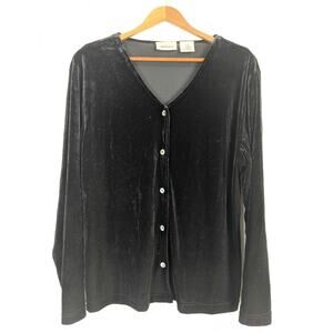 Vtg Velvet Cardigan Black Minimalist Preppy Classic Abalone Buttons Womens Large